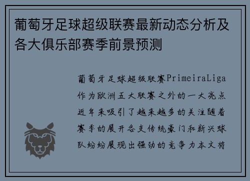 葡萄牙足球超级联赛最新动态分析及各大俱乐部赛季前景预测